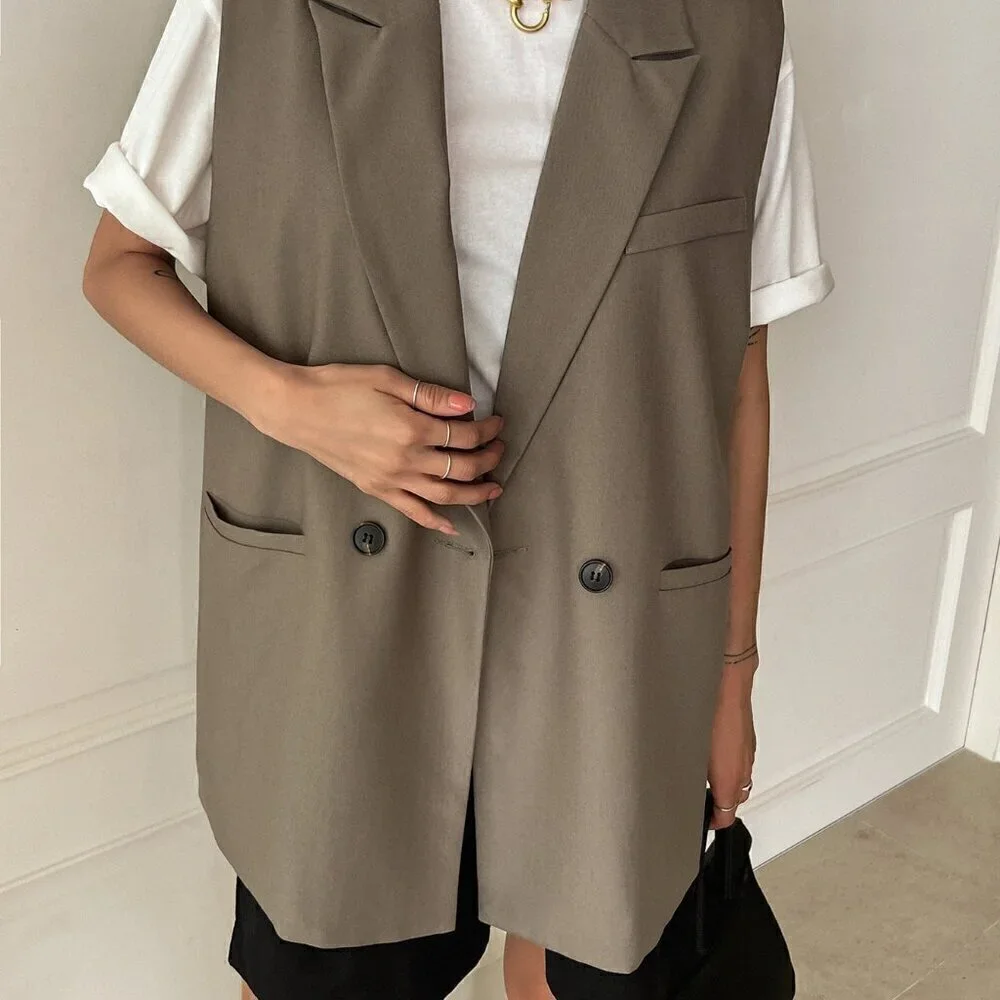 Khaki Casual Women's Double Button Double Pocket Vest Blazer